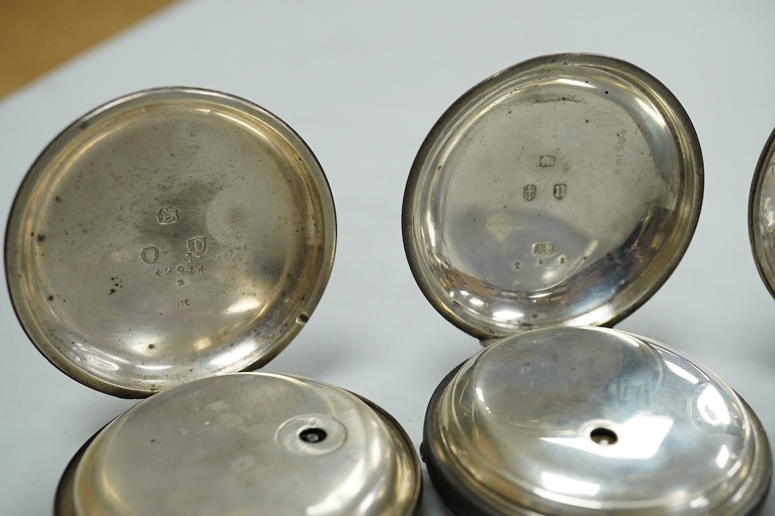 Seven assorted mainly early 20th century silver open faced pocket watches including Kendall & Dent, case diameter 51mm and Waltham, together with a late Victorian silver hunter pocket watch(a.f.).